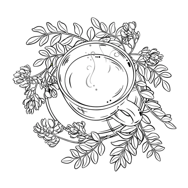 Bir fincan Astragalus Tea aromalı içecek Outline Illustration. Kafeterya, Posterler, Afişler, Kartlar için Tasarım ve Dekorasyon için vektör izole edildi.