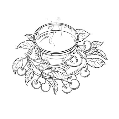Bir fincan Cherry Tea aromalı içecek Outline Illustration. Kafeterya, Posterler, Afişler, Kartlar için Tasarım ve Dekorasyon için vektör izole edildi.