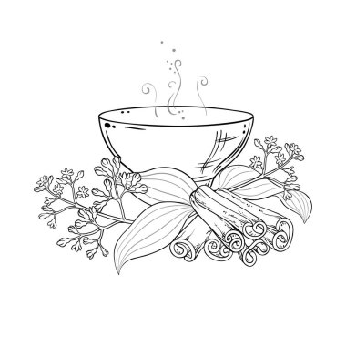 Bir fincan Tarçın Çayı aromalı içecek Outline Illustration. Kafeterya, Posterler, Afişler, Kartlar için Tasarım ve Dekorasyon için vektör izole edildi.