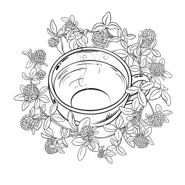Bir fincan Clover Tea aromalı içecek Outline Illustration. Kafeterya, Posterler, Afişler, Kartlar için Tasarım ve Dekorasyon için vektör izole edildi.