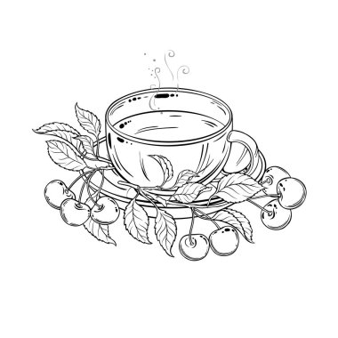 Bir fincan kiraz çayı taslağı. Kafeterya, Posterler, Afişler, Kartlar için Tasarım ve Dekorasyon için vektör izole edildi.