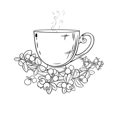 Bir fincan yabanmersini aromalı içecek Outline Illustration. Kafeterya, Posterler, Afişler, Kartlar için Tasarım ve Dekorasyon için vektör izole edildi.