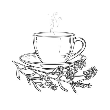 Bir fincan Lavanta Çayı aromalı içecek Outline Illustration. Kafeterya, Posterler, Afişler, Kartlar için Tasarım ve Dekorasyon için vektör izole edildi.