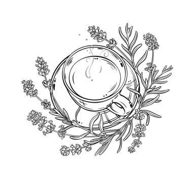 Bir fincan Lavanta Çayı aromalı içecek Outline Illustration. Kafeterya, Posterler, Afişler, Kartlar için Tasarım ve Dekorasyon için vektör izole edildi.