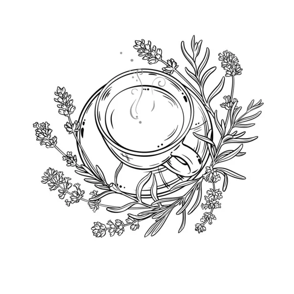 Bir fincan Lavanta Çayı aromalı içecek Outline Illustration. Kafeterya, Posterler, Afişler, Kartlar için Tasarım ve Dekorasyon için vektör izole edildi.