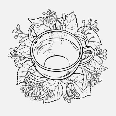 Bir fincan Linden Tea aromalı içecek Outline Illustration. Kafeterya, Posterler, Afişler, Kartlar için Tasarım ve Dekorasyon için vektör izole edildi.