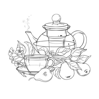Bir fincan Armut Tea aromalı içecek Outline Illustration. Kafeterya, Posterler, Afişler, Kartlar için Tasarım ve Dekorasyon için vektör izole edildi.