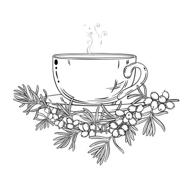 Bir bardak Sea Buckthorn Tea aromalı içecek taslağı. Kafeterya, Posterler, Afişler, Kartlar için Tasarım ve Dekorasyon için vektör izole edildi.