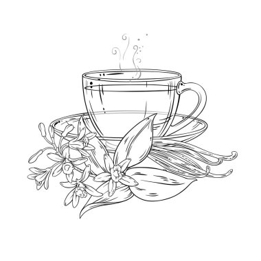 Bir fincan Vanilla Tea aromalı içecek Outline Illustration. Kafeterya, Posterler, Afişler, Kartlar için Tasarım ve Dekorasyon için vektör izole edildi.