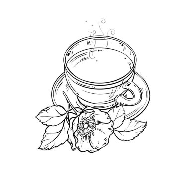 Bir fincan Wild Rose Tea aromalı içecek Outline Illustration. Kafeterya, Posterler, Afişler, Kartlar için Tasarım ve Dekorasyon için vektör izole edildi.