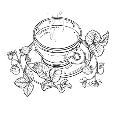 Bir fincan Çilek Çayı aromalı içecek Outline Illustration. Kafeterya, Posterler, Afişler, Kartlar için Tasarım ve Dekorasyon için vektör izole edildi.