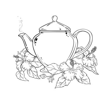 Teapot aromalı Hibiscus çayı ana hatlı çizim. Kafeterya, Posterler, Afişler, Kartlar için Tasarım ve Dekorasyon için vektör izole edildi.