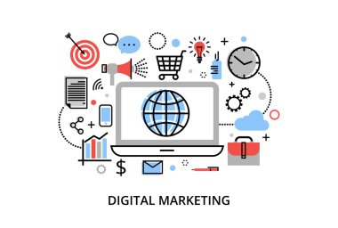 Modern düz ince çizgi tasarım vektör illüstrasyon, dijital pazarlama kavramı, internet pazarlama fikri ve yeni pazar eğilimleri analizi