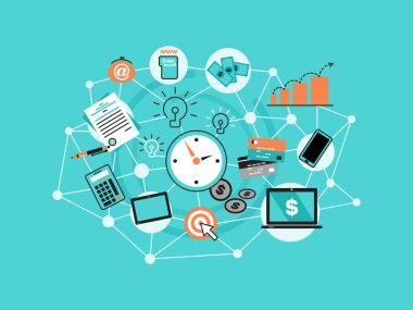 Modern düz ince çizgi tasarım vektör illüstrasyon, online iş simgeleri ile infografik kavram, internet pazarlama fikri, ofis ve modern arka plan üzerinde finans nesneleri