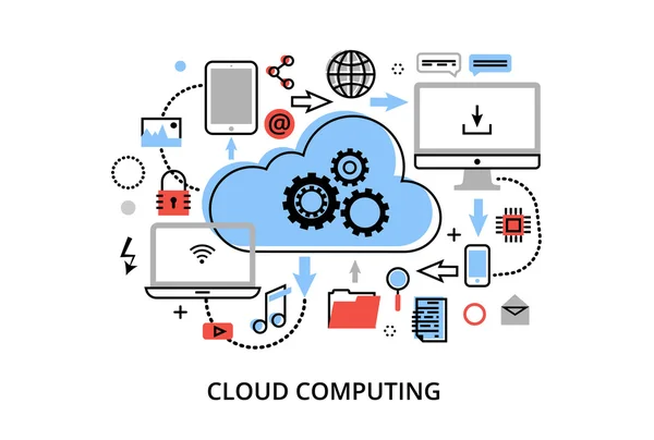 Ilustração de vetor de design de linha fina plana moderna, conceito de tecnologias de computação em nuvem, proteja redes de computadores e armazenamento remoto de dados —  Vetores de Stock