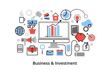 Modern düz ince çizgi tasarım vektör illüstrasyon, iş ve finans sürecine yatırım simgeleri ile infografik kavram,