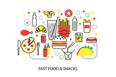 Modern düz ince çizgi tasarım vektör illüstrasyon, sağlıksız fast food ve aperatifler kavramları