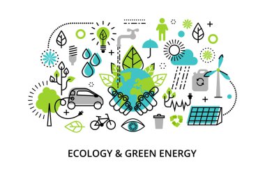 Modern düz ince çizgi tasarlamak vektör, ekoloji sorun, üretimi ve yeşil enerji tasarrufu Infographic kavramı