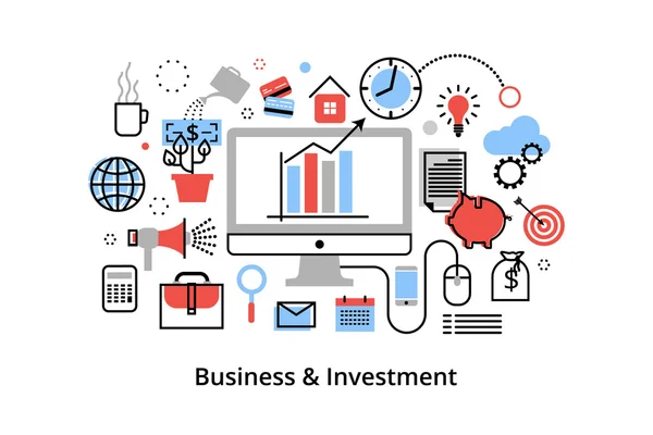 Illustrazione moderna del vettore di progettazione a linea sottile piatta, concetto infografico con icone di investimento nel processo di business e finanza , — Vettoriale Stock