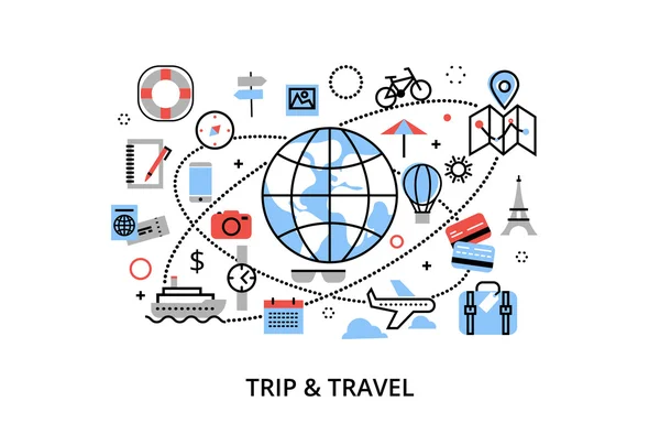 Illustration vectorielle moderne à lignes fines, concept de voyage autour du monde, voyage et voyage dans d'autres pays — Image vectorielle