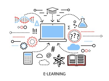 Modern düz ince çizgi tasarım vektör çizim, süreci ve bilgisayar teknolojileri çalışma öğrenme internet Infographic kavramı
