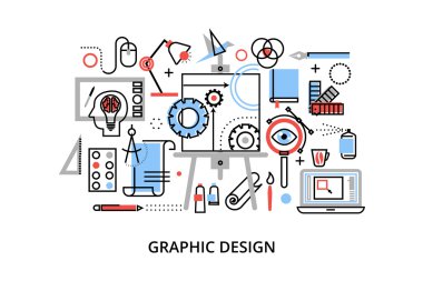 Modern düz ince çizgi tasarım vektör çizim, grafik tasarım, tasarımcı öğeleri ve araçları ve tasarım geliştirme süreci Infographic kavramı
