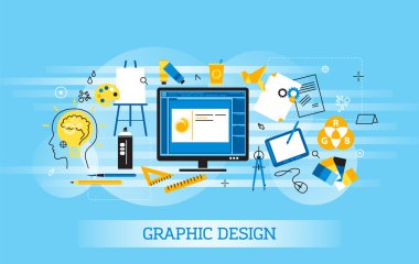 Modern düz ince çizgi tasarım vektör çizim, grafik tasarım, tasarımcı öğeleri ve araçları ve tasarım geliştirme süreci Infographic kavramı