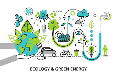 Modern düz ince çizgi tasarlamak vektör, ekoloji sorun, üretimi ve yeşil enerji tasarrufu Infographic kavramı