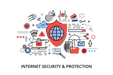 Modern düz ince çizgili tasarım vektör çizim, Infographic kavramı internet güvenlik, ağ koruması ve güvenli online ödeme