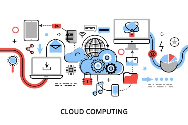 Ilustração de vetor de design de linha fina plana moderna, conceito de tecnologias de computação em nuvem, proteja redes de computadores e armazenamento remoto de dados — Vetor de Stock