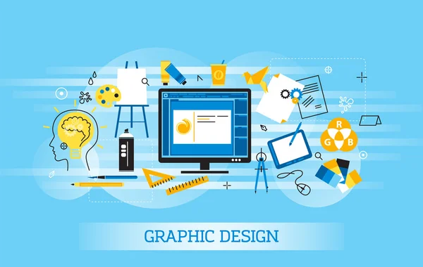 Ilustración de vectores de diseño de línea delgada plana moderna, concepto infográfico de diseño gráfico, artículos y herramientas de diseño y proceso de desarrollo de diseño — Vector de stock