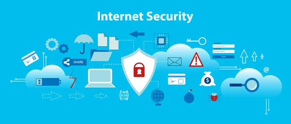 Ilustración vectorial de diseño plano moderno, concepto infográfico de seguridad en Internet, seguridad en línea y protección de datos — Archivo Imágenes Vectoriales