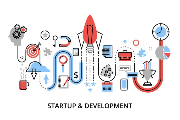 Ilustração de vetor de design de linha fina plana moderna, conceitos de projeto de inicialização, estratégia de negócios e desenvolvimento de inovação —  Vetores de Stock