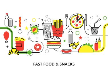 Modern düz ince çizgi tasarım vektör çizim, sağlıksız fast food ve aperatifler, grafik kavramları