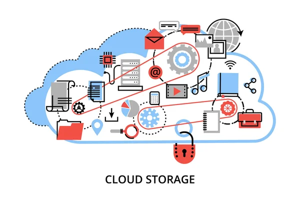 Modern flat thin line design vector illustration, concept of remote cloud data storage, cloud computing technologies and protect computer networks — Stock Vector