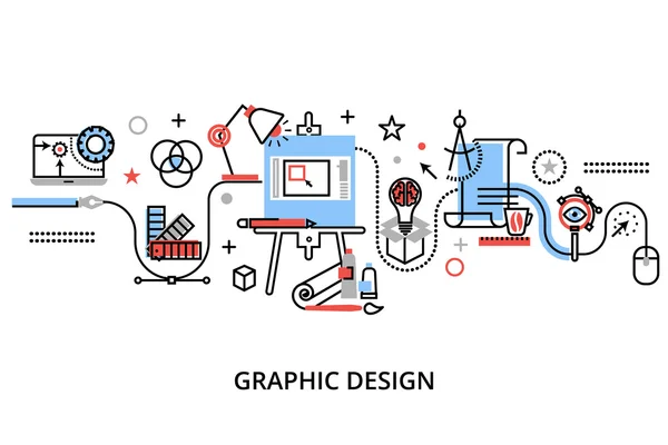 Ilustración de vectores de diseño de línea delgada plana moderna, concepto infográfico de diseño gráfico, artículos y herramientas de diseño y proceso de desarrollo de diseño — Vector de stock