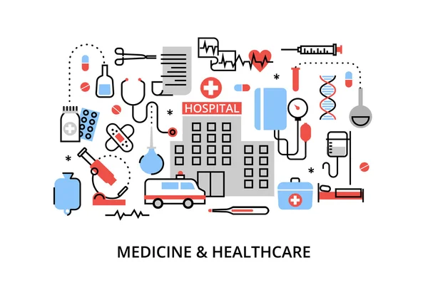 Ilustração de vetor de linha fina plana moderna, conceito de medicina e cuidados de saúde, primeiros socorros, equipamentos médicos e cura de medicamentos —  Vetores de Stock