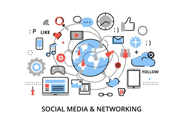 Moderna linea piatta sottile disegno vettoriale illustrazione, concetto di social media, social networking, web communtity e la pubblicazione di notizie — Vettoriale Stock