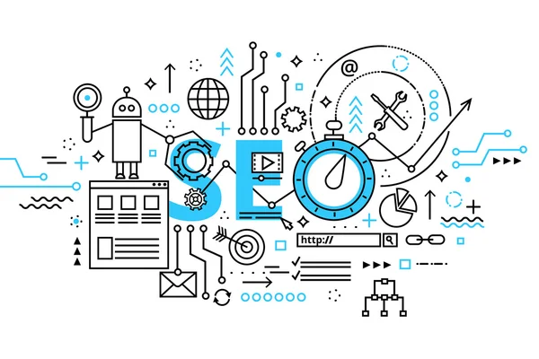 Modern düz ince çizgi tasarım vektör çizim, kavram seo optimizasyon arama motoru