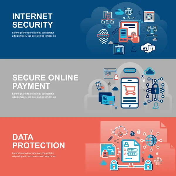 Moderní ploché tenké linie design obrázek, vektorový infographic koncepce internetové bezpečnosti, ochrana sítě a bezpečné online platby — Stockový vektor