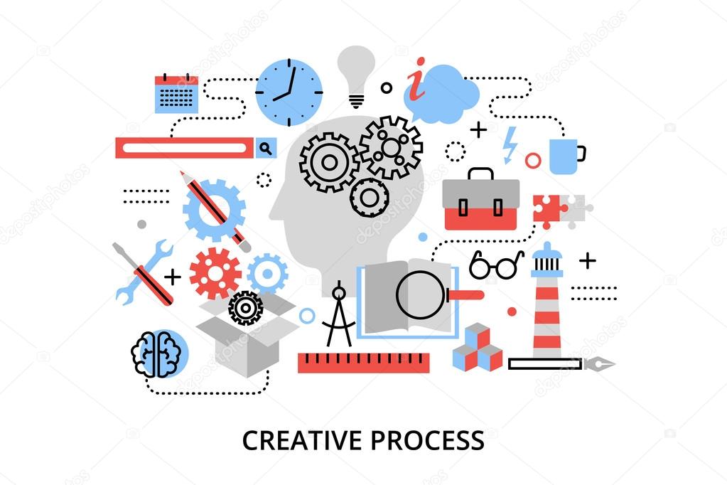 Modern flat thin line design vector illustration, concept of creative process, defining and research problem, for graphic and web design