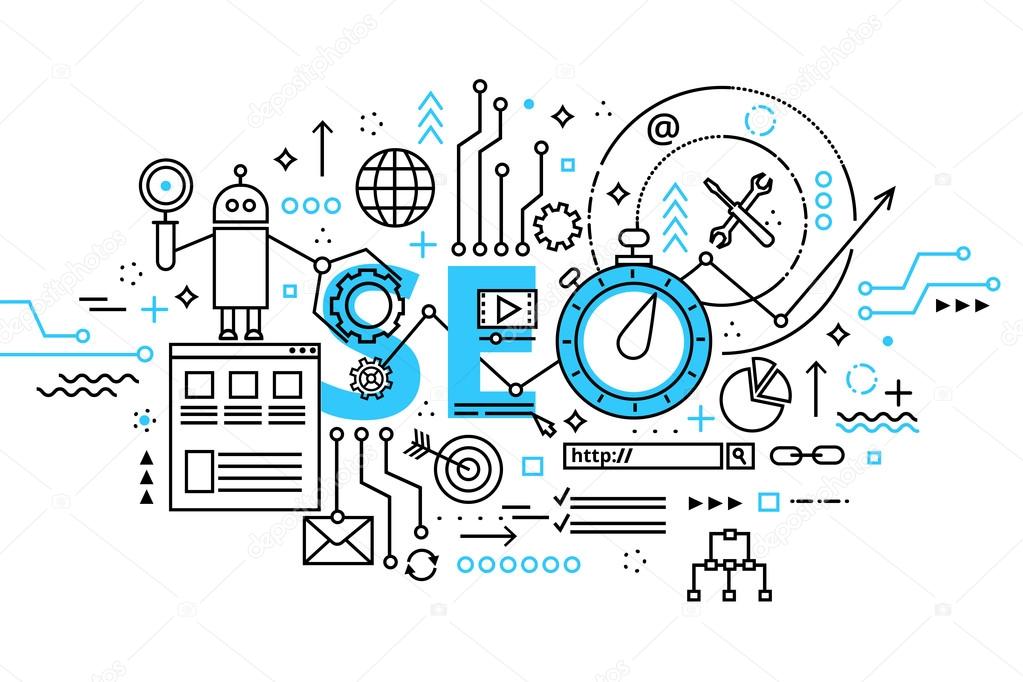 Modern flat thin line design vector illustration, concept seo optimization in search engine, for graphic and web design