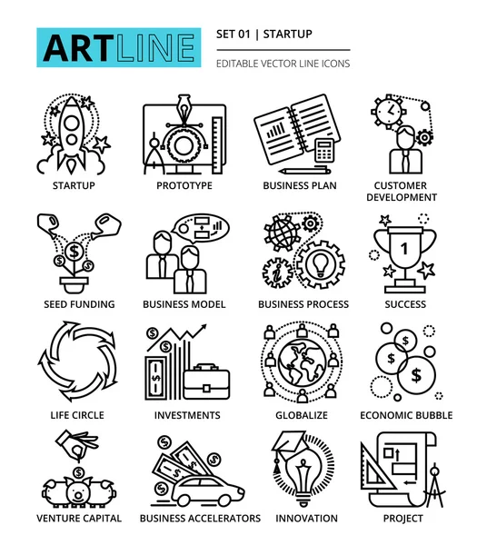 Icônes de ligne vectorielle modifiables modernes ensemble de projet de démarrage, busine — Image vectorielle