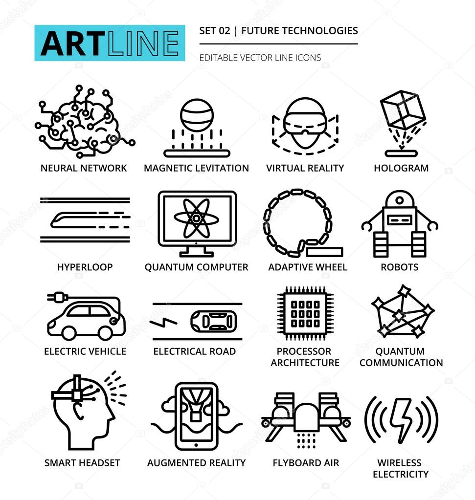 Modern editable vector line icons set of future technologies and