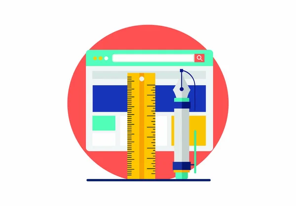 Web tasarım ve geliştirme kavramı bir tarayıcı penceresi, cetvel ve stil kalemi ile