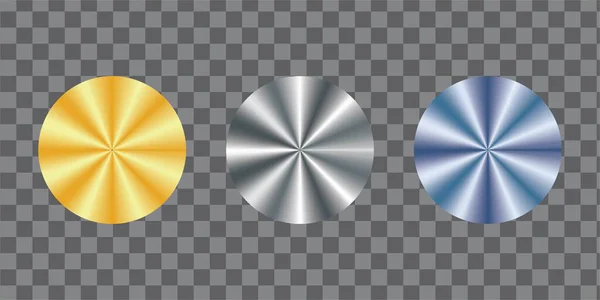 Şeffaf arkaplan üzerinde üç radyal eğimli daire altın, gümüş ve mavi metalik diskler.