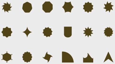 Gri arkaplanda çeşitli kahverengi geometrik şekillerin ve yıldız simgelerinin koleksiyonu