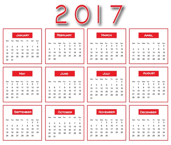 Календарь Red Simple 2017 - дизайн календаря 2017  - — стоковый вектор