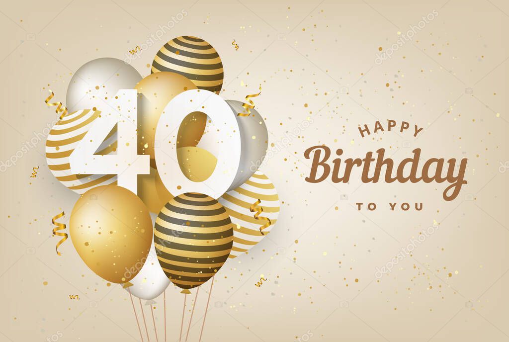 Happy 40th birthday with gold balloons greeting card background. 40 years anniversary. 40th celebrating with confetti. Vector stock
