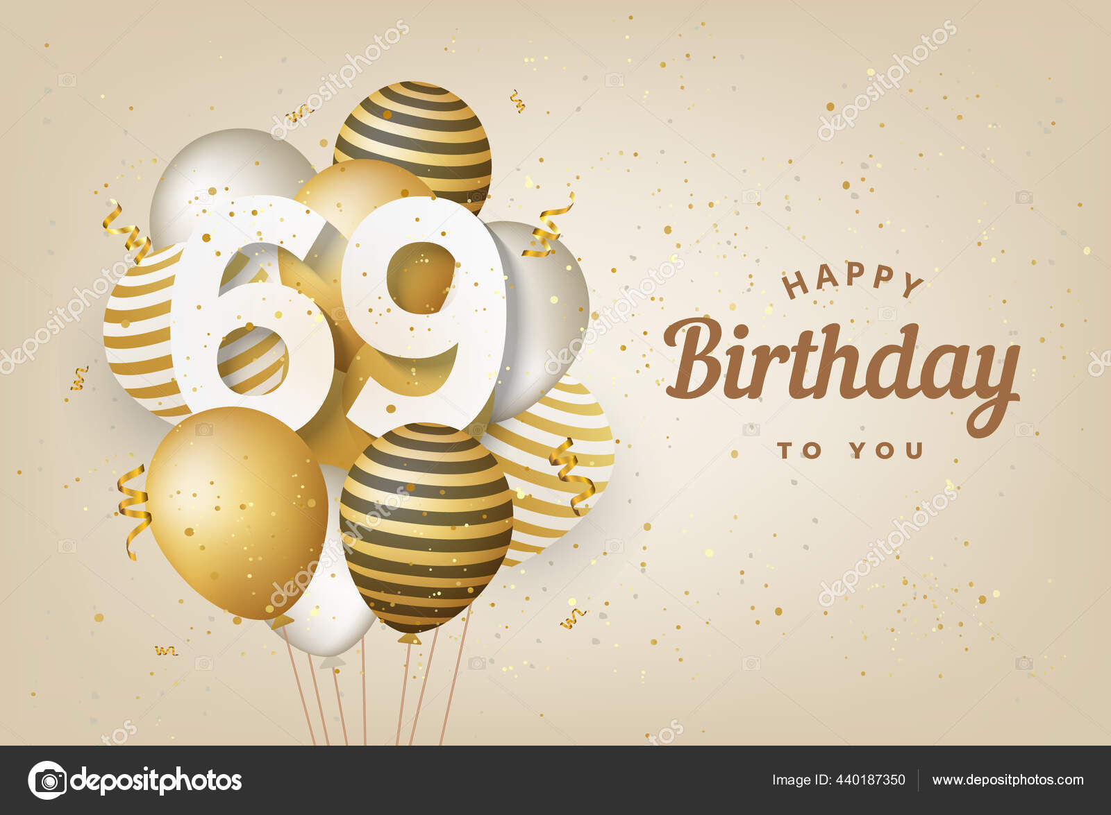Happy 69Th Birthday Gold Balloons Greeting Card Background Years Anniversary Stock Vector by ©Fayethequeen93 440187350